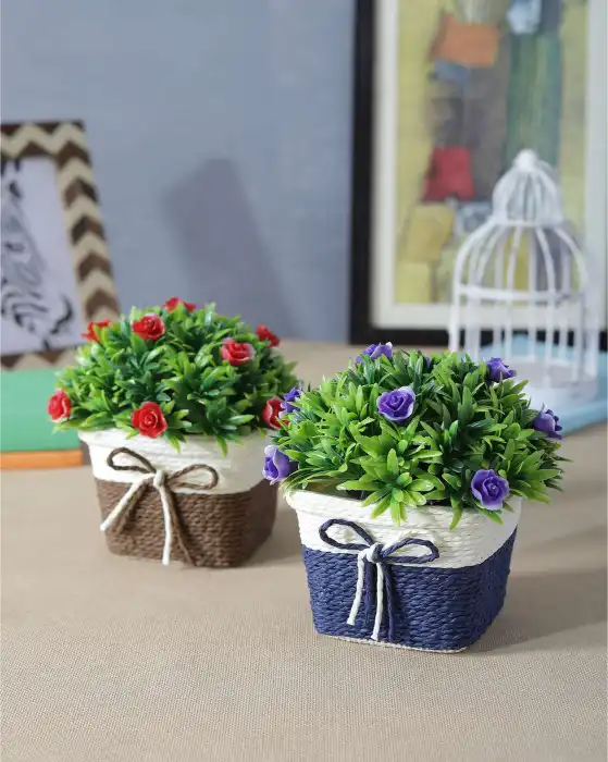 Flower Square Jute Pot-Set of 2 Artificial Bushes