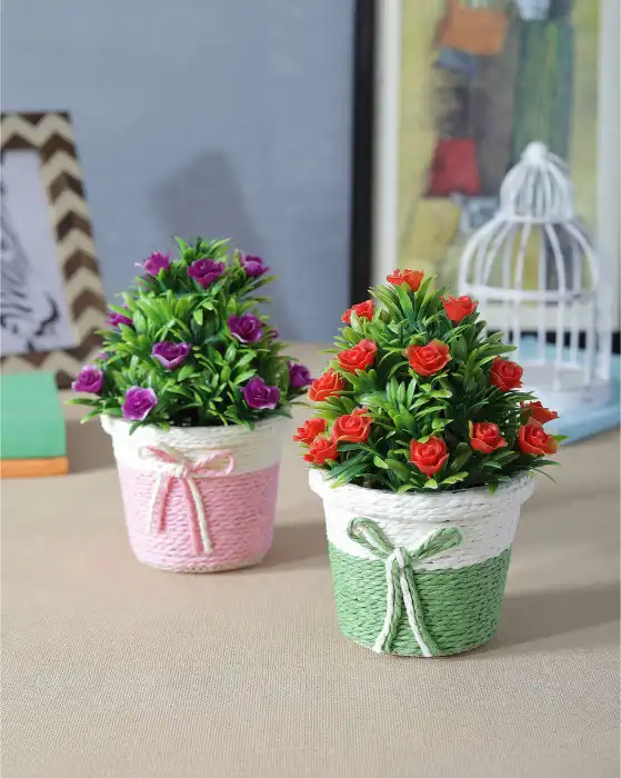 Flower Round Jute Pot-Set of 2 Artificial Bushes