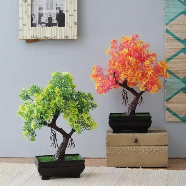 Green and Orange - Set of 2 Artificial Bonsai Tree