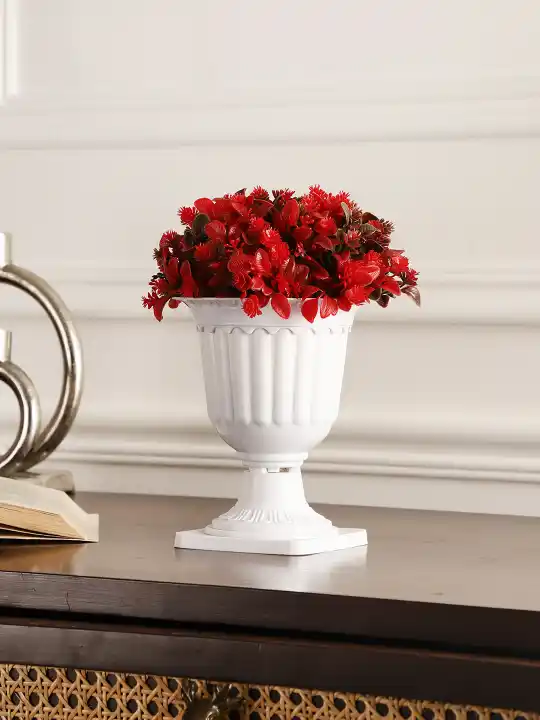 Red Flowers With Leaves Pedestal Pot Artificial Plant