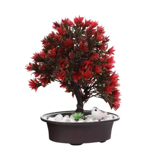 Small Artificial Bonsai Tree With Red Leaves and Bird