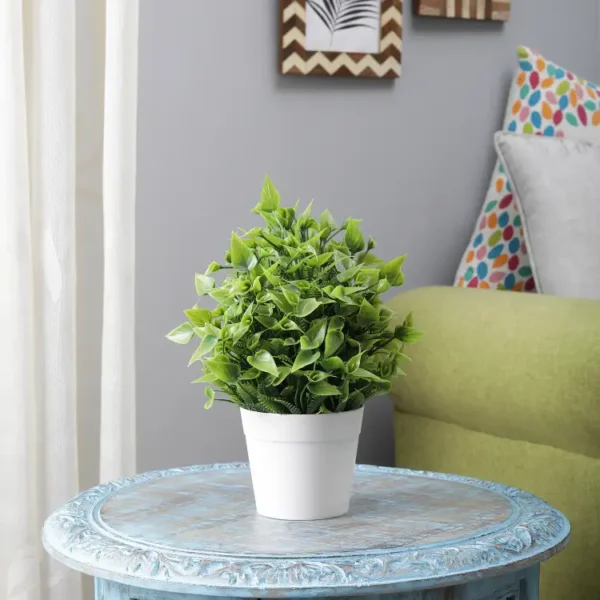 Artificial Bush with Green Leaves and Flowers in Round Pot