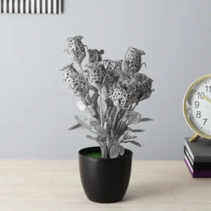 Silver Spray Painted Artificial Spiral Rose Plant with Pot