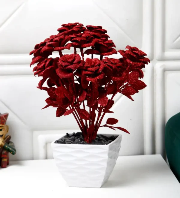 Spray Painted Red Rose Plant in Piramyd Pot