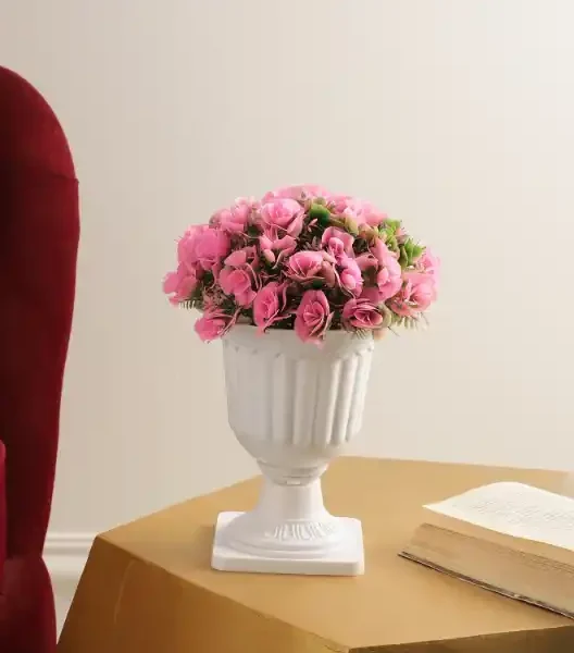 Pink Leaves with Flowers Pedestal Pot Artificial Plant