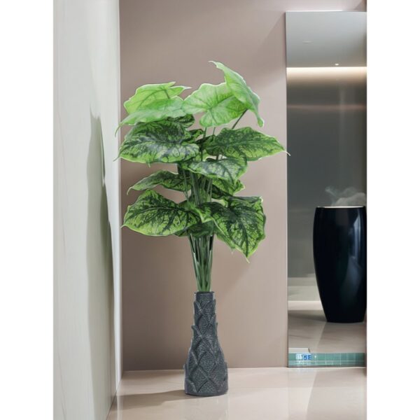 18 Leaf Dark Green Alocasia Plant with Floor Standing Green Base