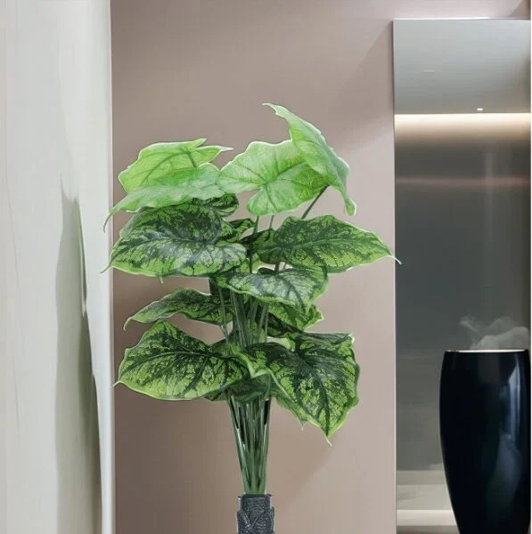 18 Leaf Dark Green Alocasia Plant with Floor Standing Green Base