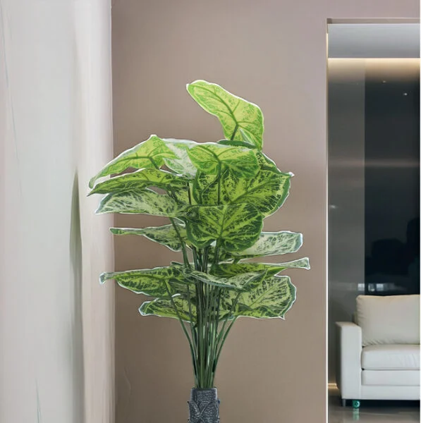 18 Leaf Light Green Alocasia Plant with Floor Standing Green Base