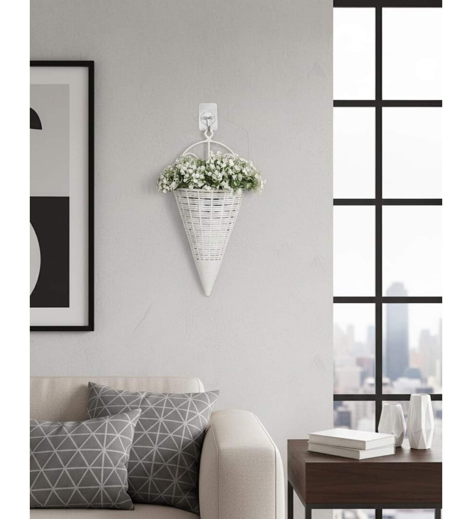Foliyaj Artificial Wall Plant with Small White Flowers - 1 pc