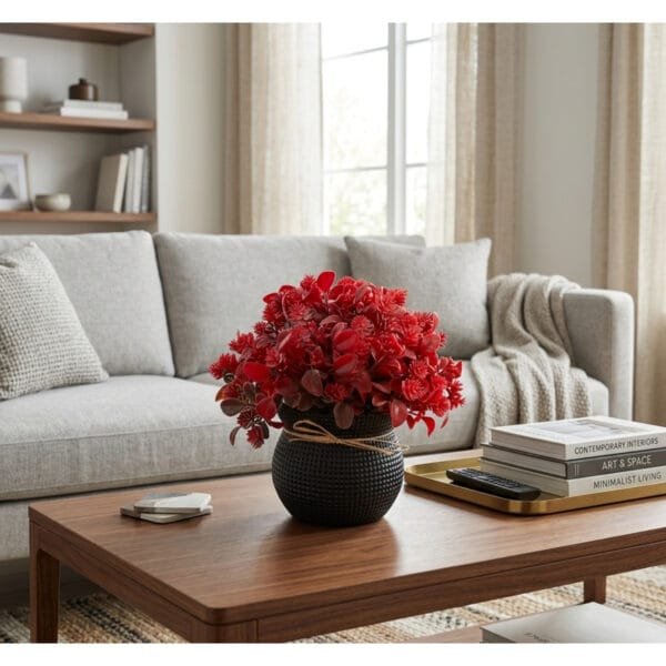 Red plant in black matki shaped pot